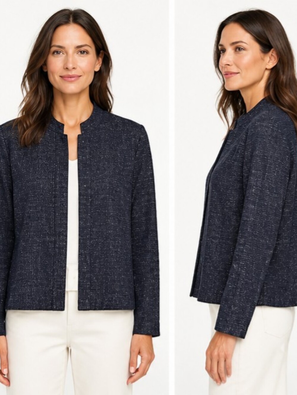 Eileen Fisher Mandarin Collar Snap Front Blazer PL Navy Cotton Linen Boxy Jacket